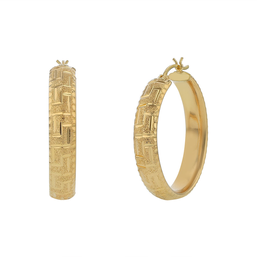Granulated Finish Greek Key Hoop Earrings in 14K Yellow Gold, 1.25"