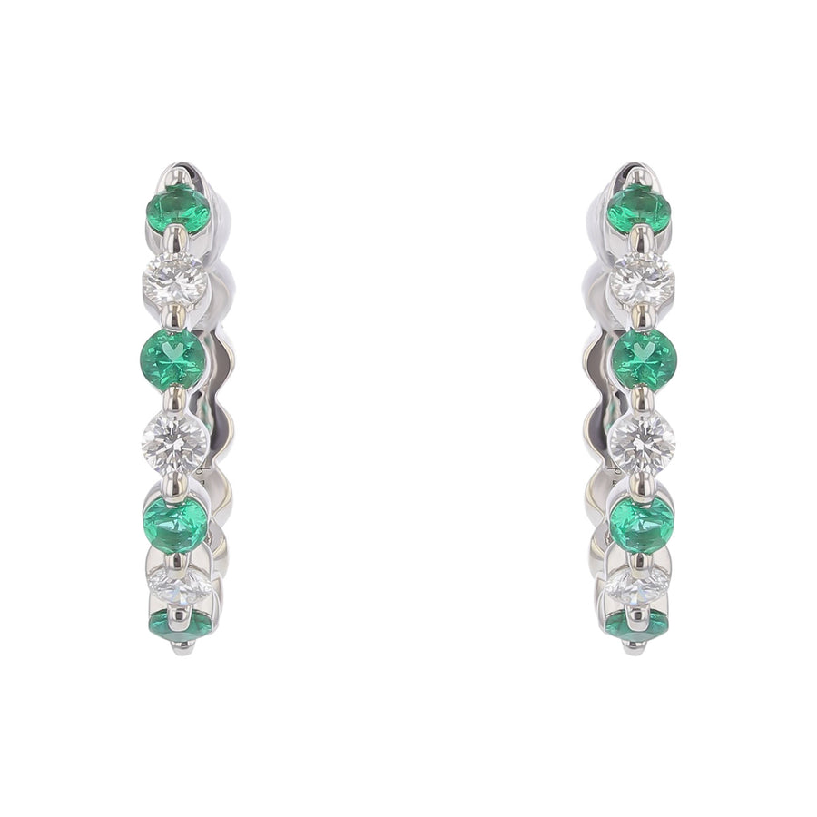 0.37ct Emerald and 0.30ct Round Diamond Huggie Hoop Earring in 14K White Gold