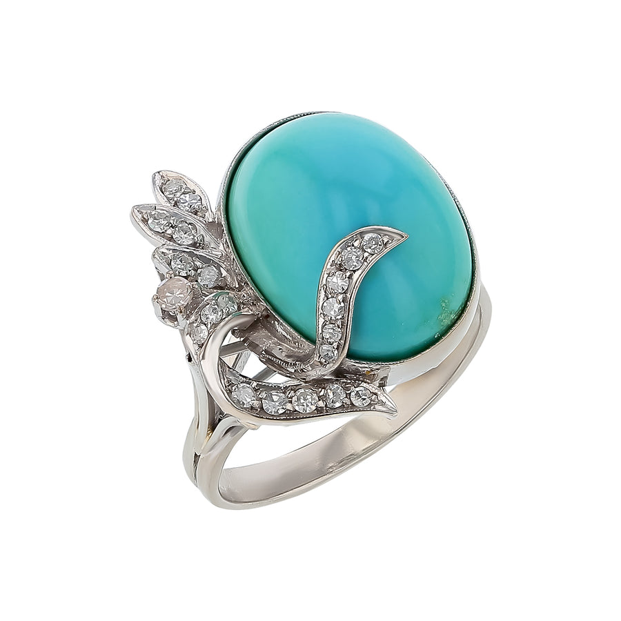 Mid Century 1950's 13.96ct Cabochon Turquoise and 0.25ct Single Cut Diamond Ring in 14K White Gold, size 7.75