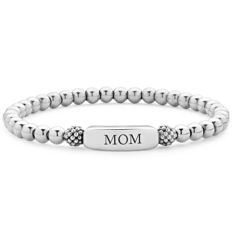 Signature Caviar 5mm "Mom" Stretch Bracelet in Sterling Silver Size 7
