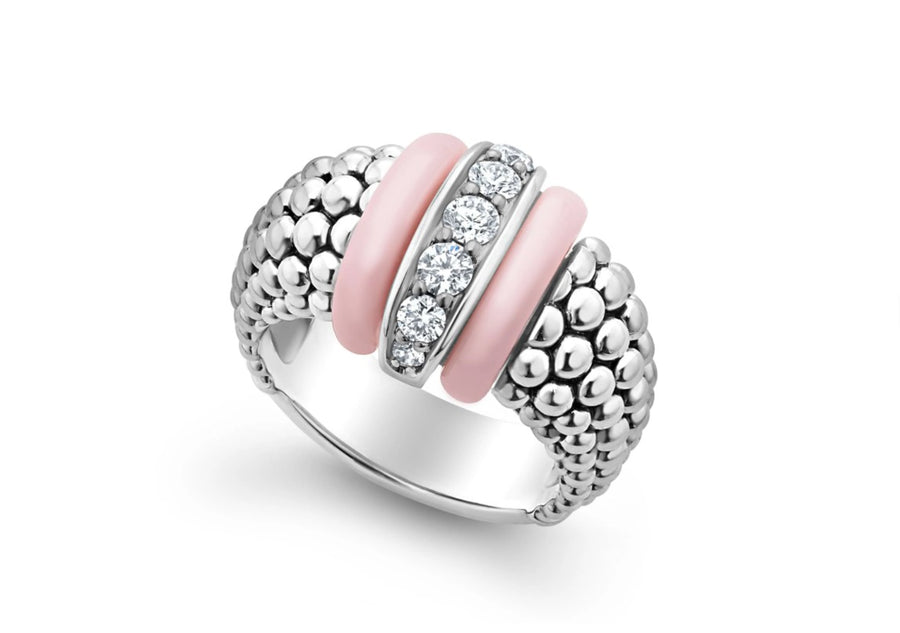 Pink Caviar 0.37ct Diamond Ring in Sterling Silver and Ceramic, Size 7