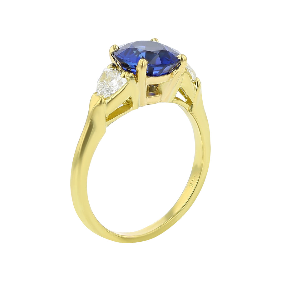 2.35ct Round Sri Lankan Sapphire 0.43ct Trillion Diamonds Ring in 18k Yellow Gold, Size 6