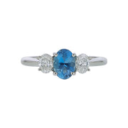 0.78ct Oval African Aquamarine and 0.47ct Oval Diamond 3 Stone Ring in Platinum, size 6