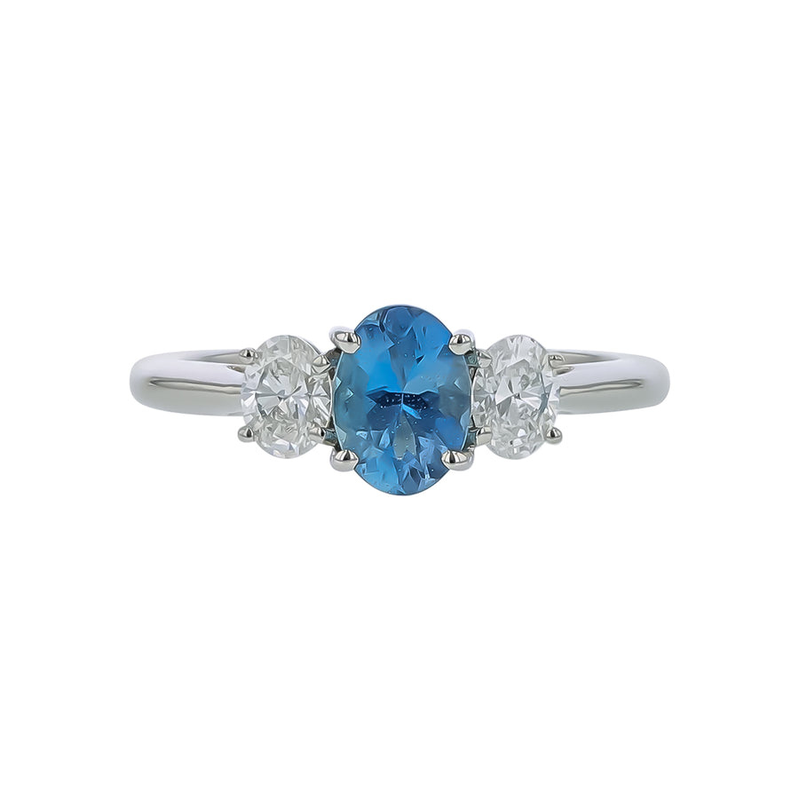 0.78ct Oval African Aquamarine and 0.47ct Oval Diamond 3 Stone Ring in Platinum, size 6