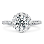 Vela 0.73ct Round Brilliant Diamond and 0.57ct Diamond Halo Ring in Platinum, size 6.5