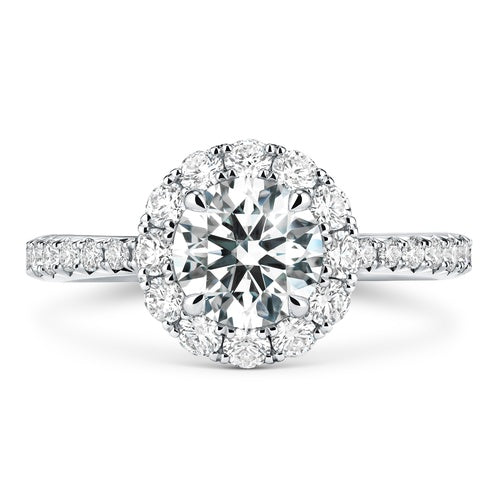 Vela 0.73ct Round Brilliant Diamond and 0.57ct Diamond Halo Ring in Platinum, size 6.5