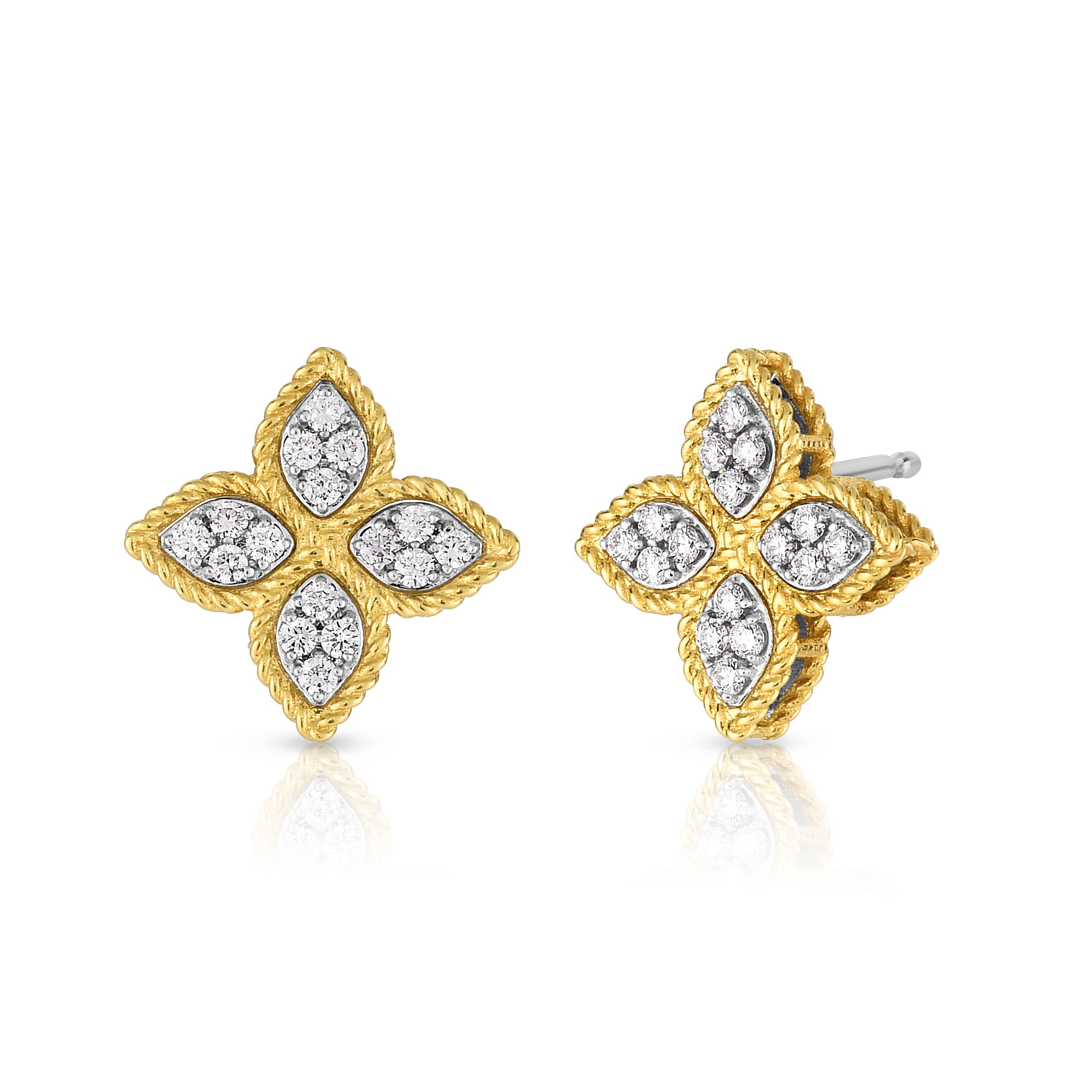 Venetian Princess Diamond Flower Earrings in 18K White and Yellow Gold, Medium