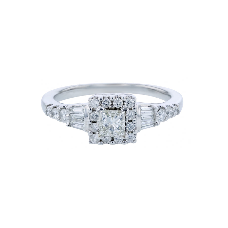 0.30ct Princess Cut Diamond and 0.24ct Round J/I1 Halo Ring in 14K White Gold, size 6.75
