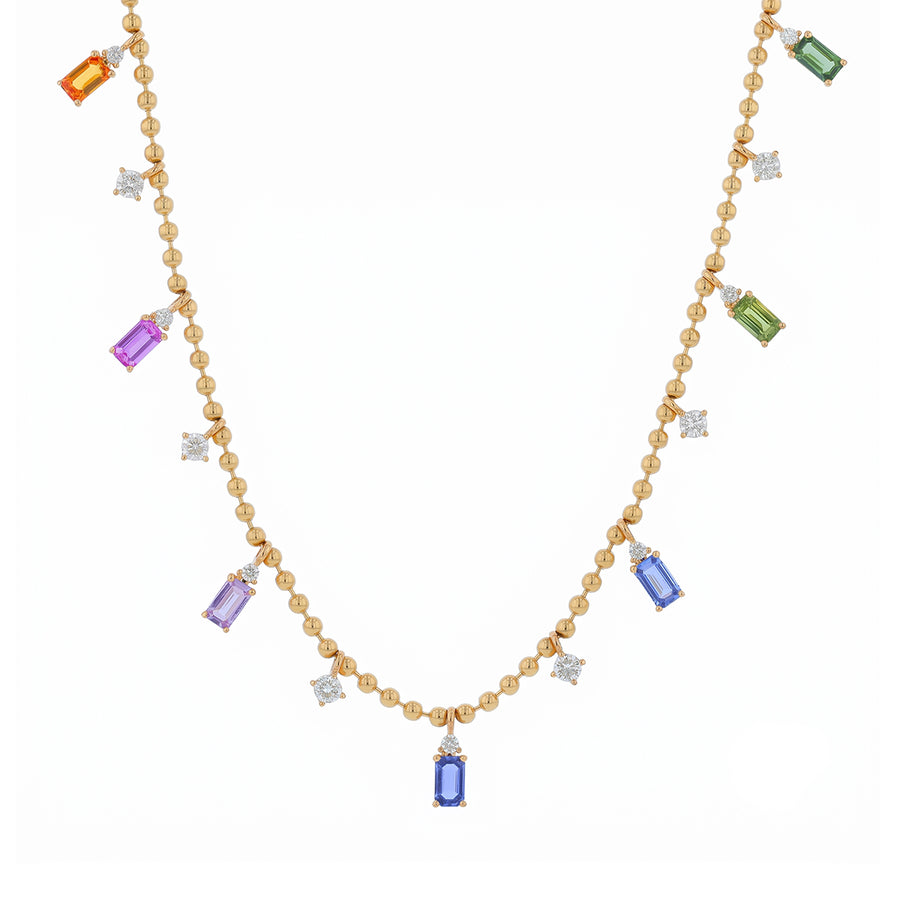 6.98ct Emerald Cut Multicolor Sapphire and 2.99ct Diamond Alternating Station Necklace in 18K Yellow Gold