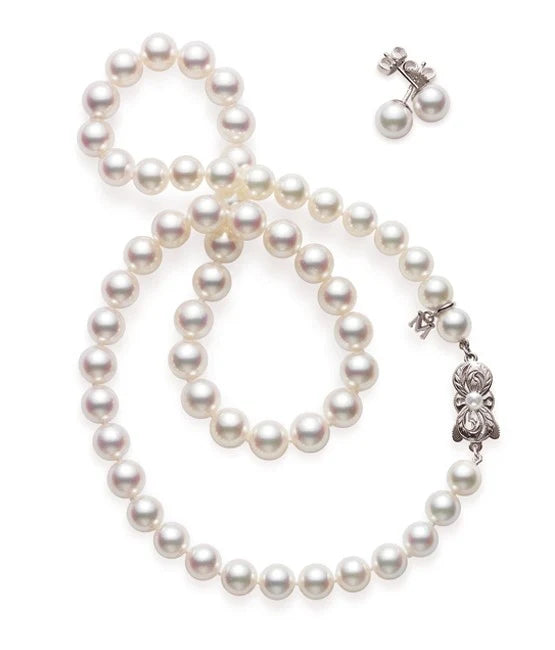 7-8mm A1 Akoya Pearl 18" Necklace and Stud Earrings Set in 18K White Gold