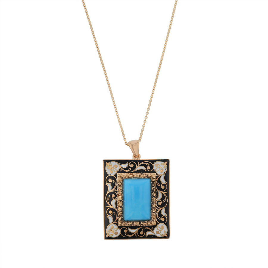 Turquoise and Enamel Antique Pendant in 14K Yellow Gold on 16" Chain Circa 1860s