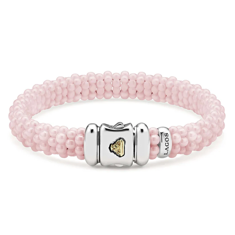 Caviar Bead Bracelet in Sterling Silver, 18K Yellow Gold and Pink Ceramic, Size 7