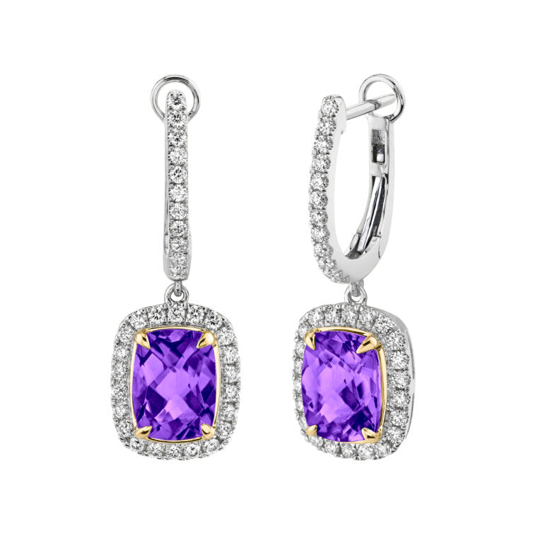 2.28ct Amethyst and 0.58ct Diamond 8x6mm Halo Drop Earrings in 14K White Gold