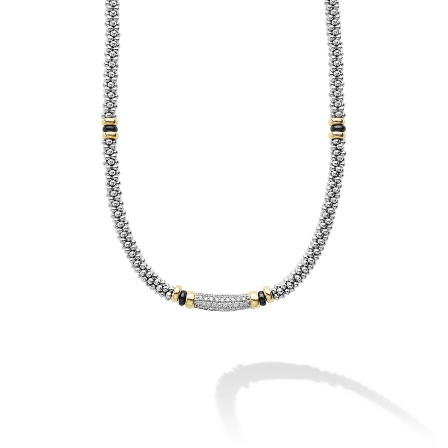 Black Caviar 0.17ct Diamond Station Rope Necklace in Sterling Silver, 18K Yellow Gold and Ceramic, 18"