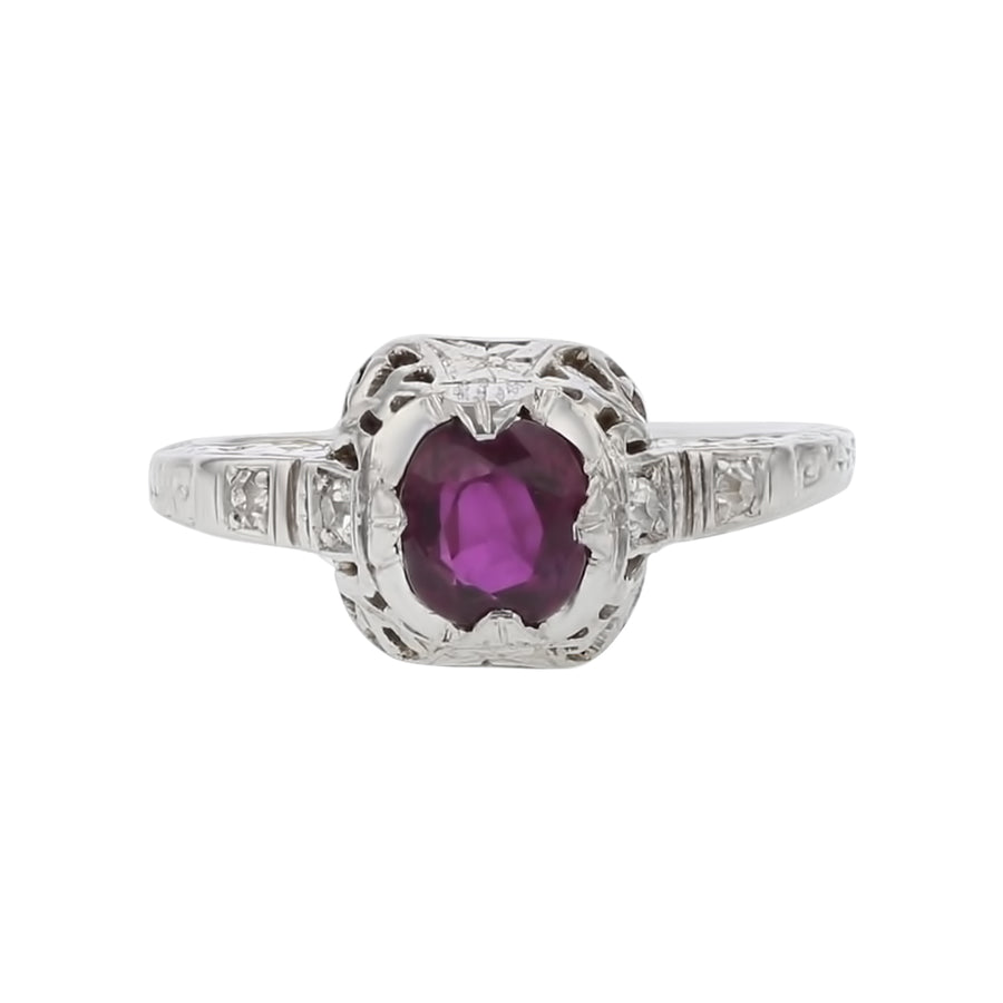 0.92ct Oval Ruby and 0.08ct Full Cut Diamond Art Deco Ring in 18K White Gold, size 5.75, Circa 1930