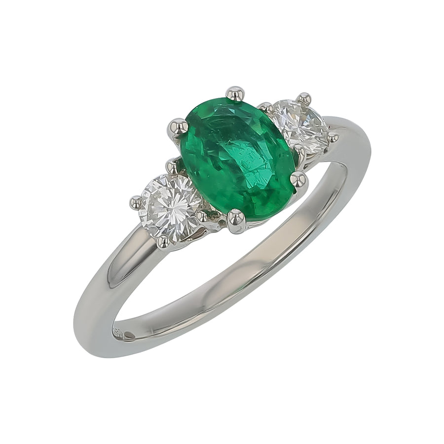 1.05ct Oval Emerald and 0.47ct Diamond 3-Stone Ring in Platinum, Size 6.5
