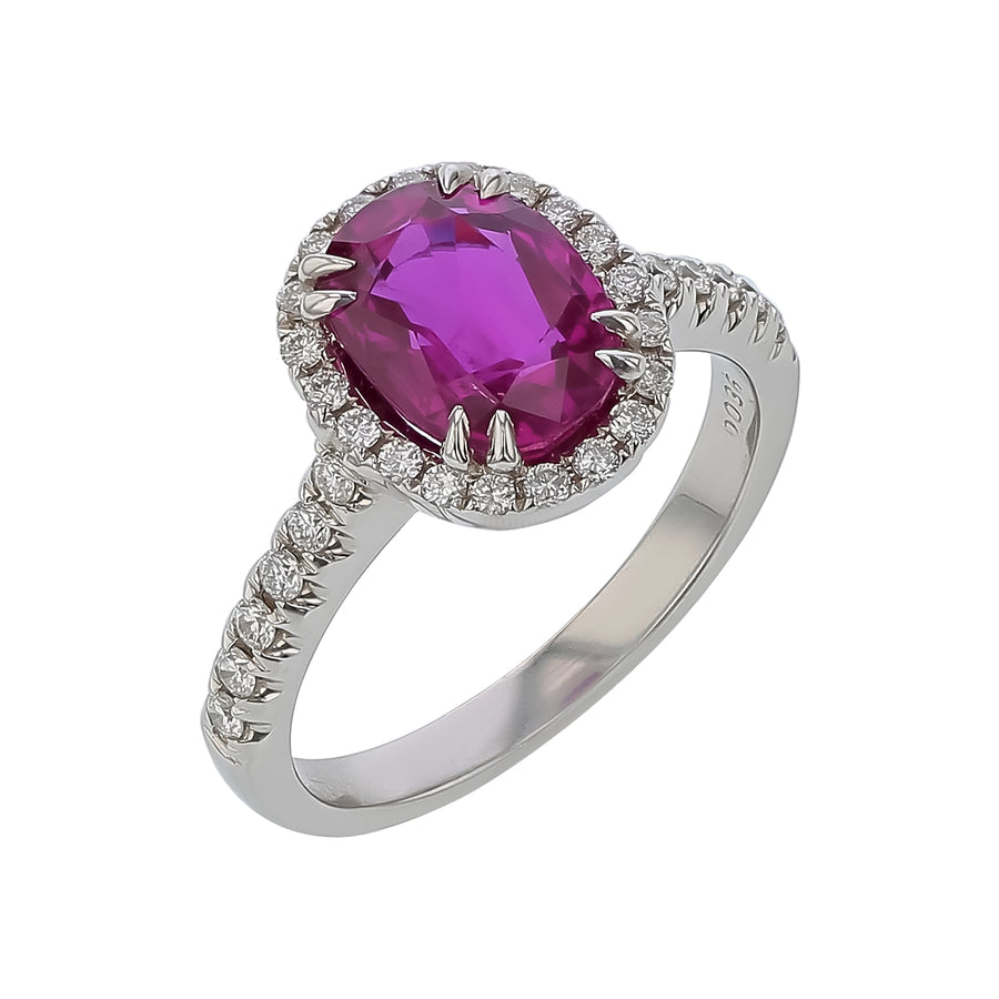 3.01ct Ruby and 0.36ct Diamond Halo Ring in 18K White Gold, Size 6.25