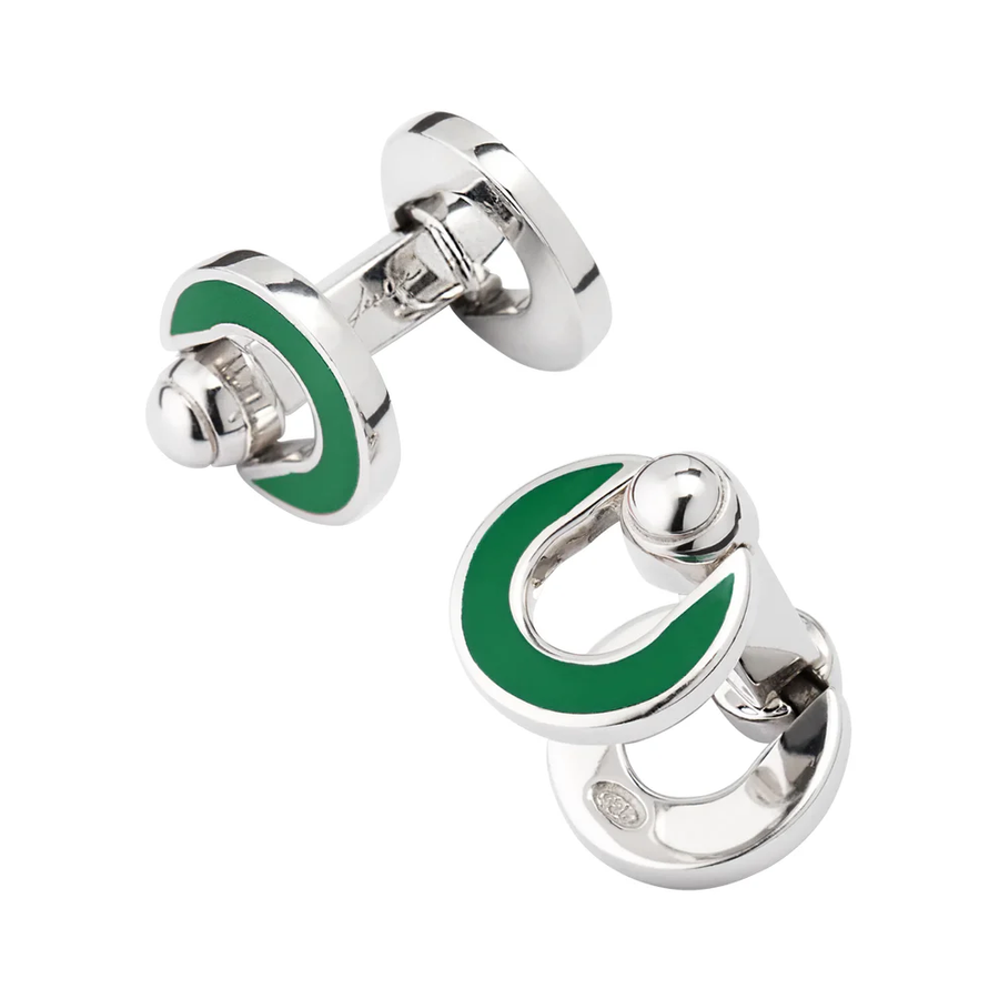 Horseshoe Flip Cufflinks in Sterling Silver and Green Enamel
