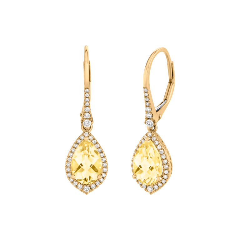 2.16ct Pear Shape Citrine and 0.30ct Diamond Drop Earrings in 14K Yellow Gold