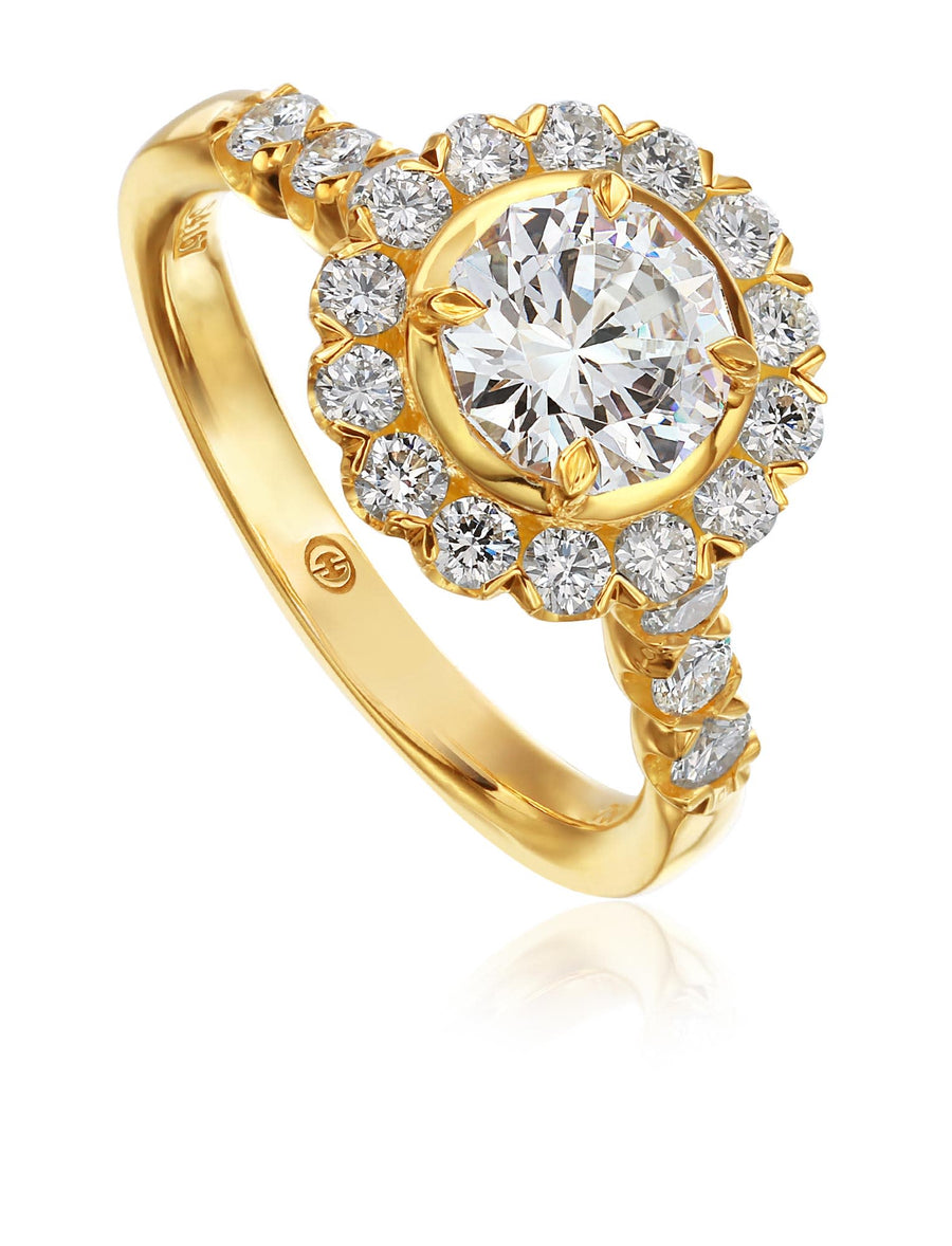 0.92ct Diamond Halo Ring Semi Mount 18K Yellow Gold for 1.00ct Round Center, size 6.25