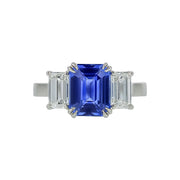 3.03ct Emerald Cut Ceylon Sapphire and 1.40ct Emerald Cut Diamond 3 Stone Ring in Platinum, size 6.5