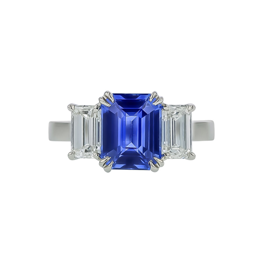 3.03ct Emerald Cut Ceylon Sapphire and 1.40ct Emerald Cut Diamond 3 Stone Ring in Platinum, size 6.5