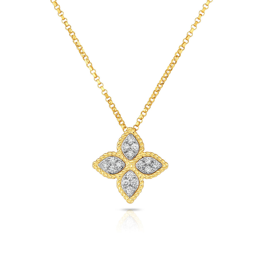 Princess Flower 0.17ct Round Diamond Medium Pendant in 18K Yellow and White Gold on 16-18in Adjustable Chain