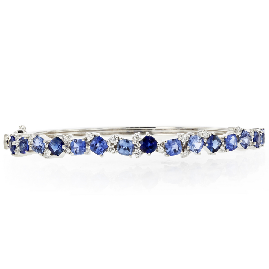 Confetti 5.46ct Cushion Cut Multi Color Sapphire and 0.52ct Diamond Ombre Cluster Hinged Bangle Bracelet in 18K White Gold