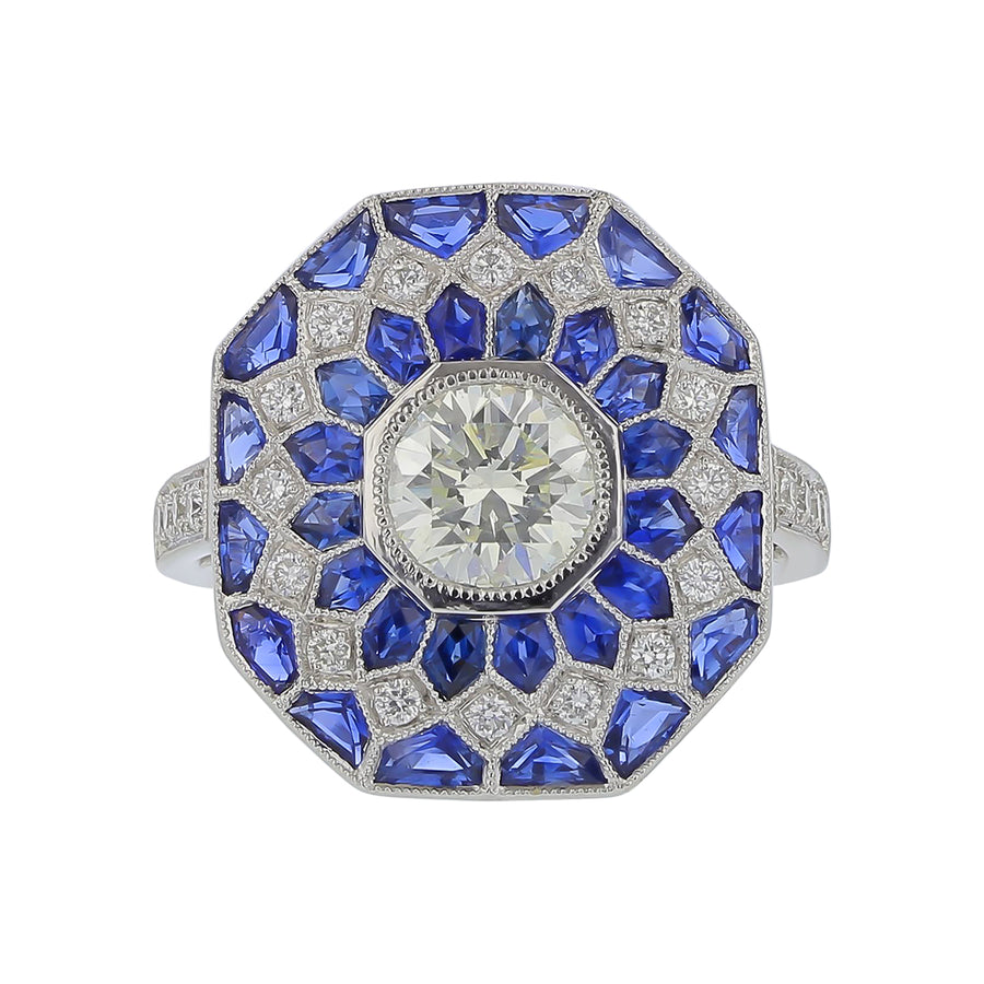 Sapphire, Round Diamond and Diamond Ring in Platinum, Size 6.5