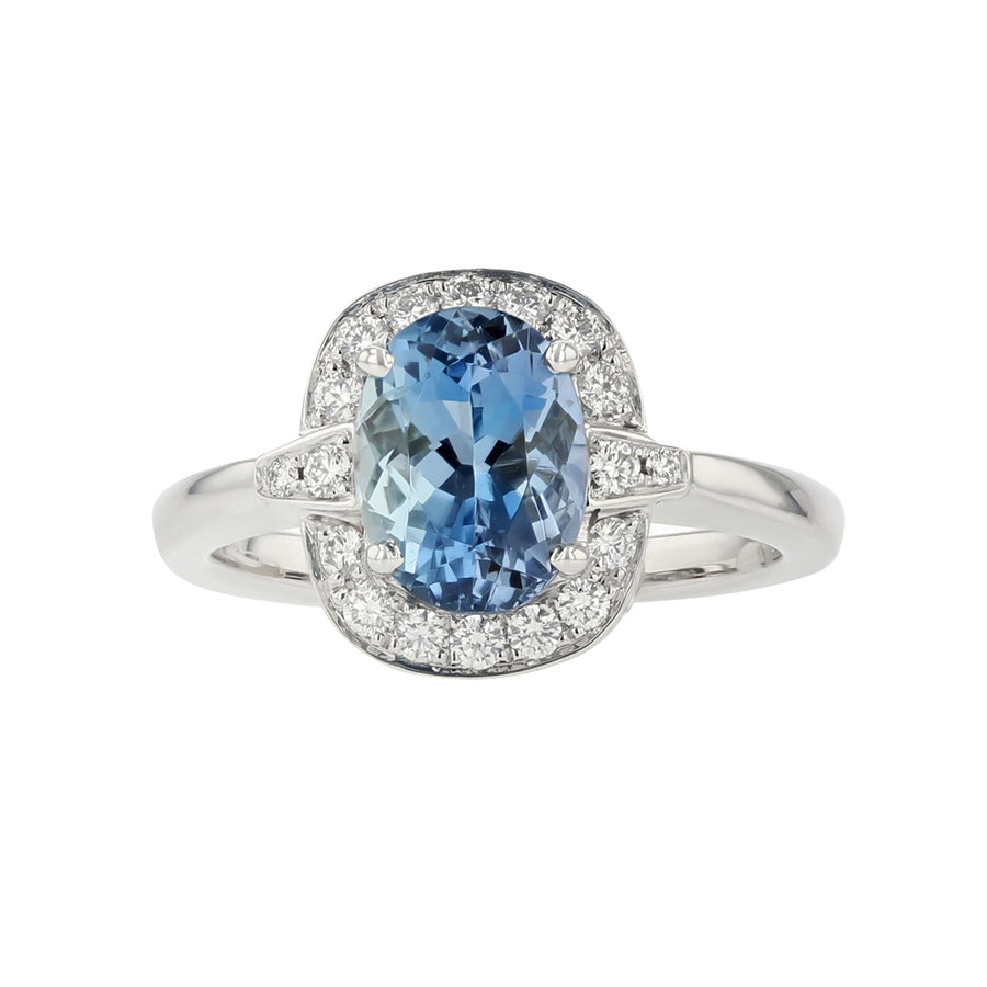 Aquamarine and Diamond Halo Ring in 18K White Gold, Size 6.25