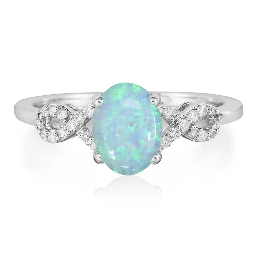 0.75ct Oval Cabchon White Australian White Opal and 0.14ct Round Diamond Ring 14K White Gold