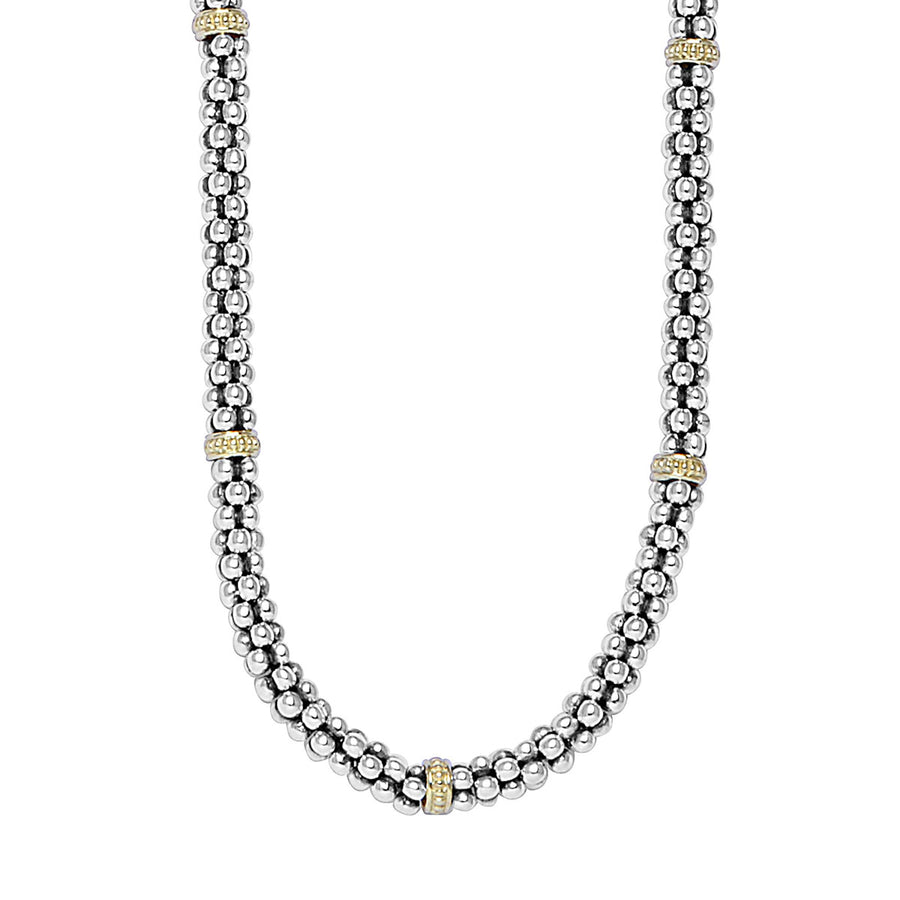 Signature Caviar 9 Station Rope Necklace in Sterling Silver and 18K Yellow Gold, 16in