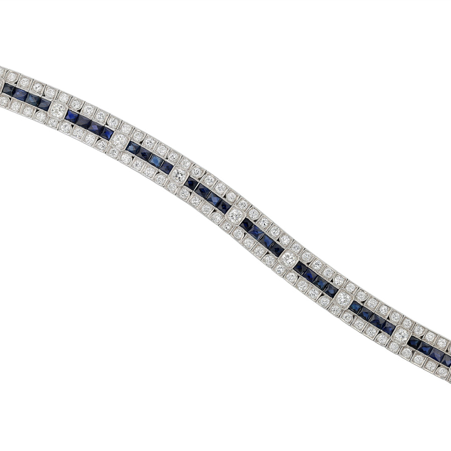 8.50ct 99 Old European Cut Diamond and 8.50ct 37 French Cut Sapphire Three Row Straight Line Bracelet in Platinum, 6.5in