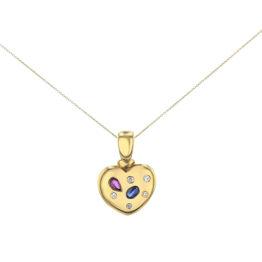 Pear Ruby, Oval Sapphire, and Diamond Pendant in 18K and 14K Yellow Gold, 16in