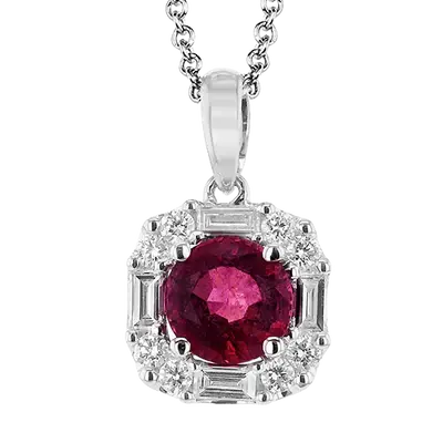 Ruby with Baguette and Round Diamond Halo Pendant in 18K White Gold, 16in