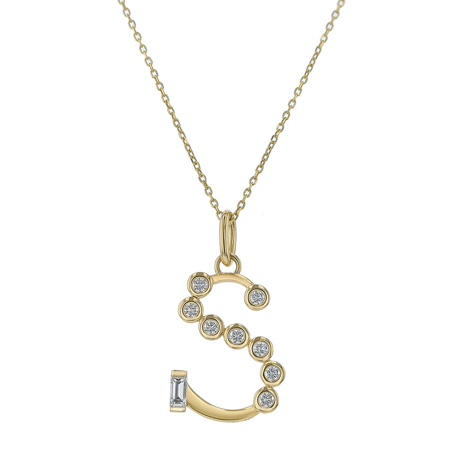 0.39ct Diamond "S" Initial Charm in 18K Yellow Gold, 16-17" chain