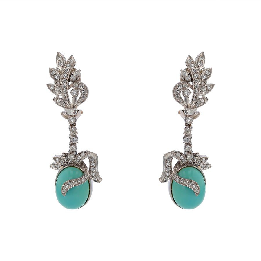 14.99ct Turquoise GIA and 1.21ct Single Cut Diamonds Drop Clip On Earrings in 14k White Gold