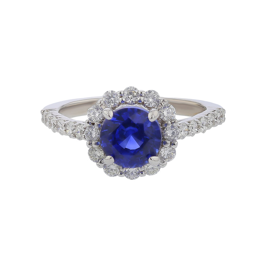 1.95ct Round Sri Lankan Sapphire and 0.68ct Full Cut Diamonds Halo Ring in 14k White Gold Size 6.5