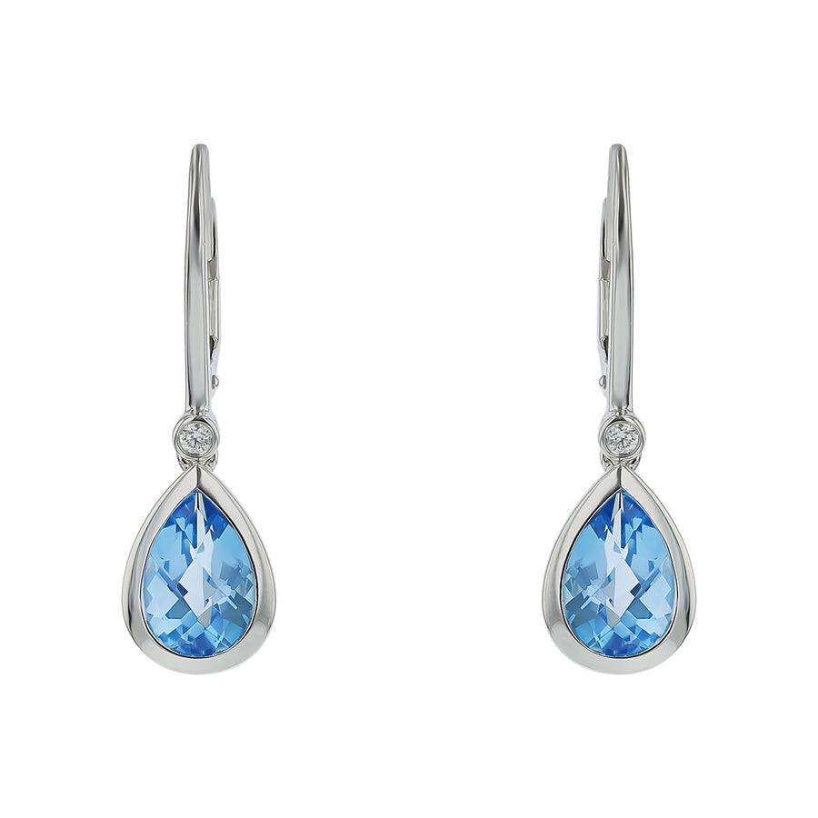 Pear Blue Topaz and Diamond Drop Earrings in 14K White Gold