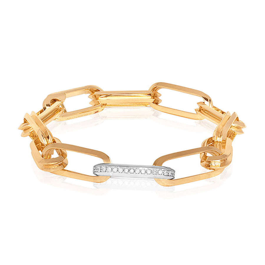 Diamond Designer Rectangular Paperclip Link Bracelet in 18K White and Yellow Gold