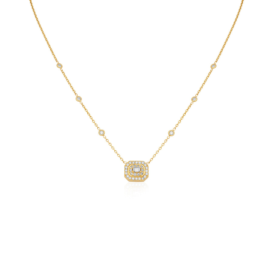 0.95ct Diamond Double Halo and Eyelet Station Necklace in 18K Yellow Gold, 18"