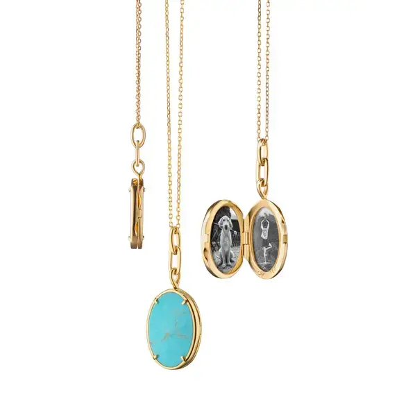 Slim 2.20ct Turquoise Elle Oval Locket in 18K Yellow Gold, 16" chain