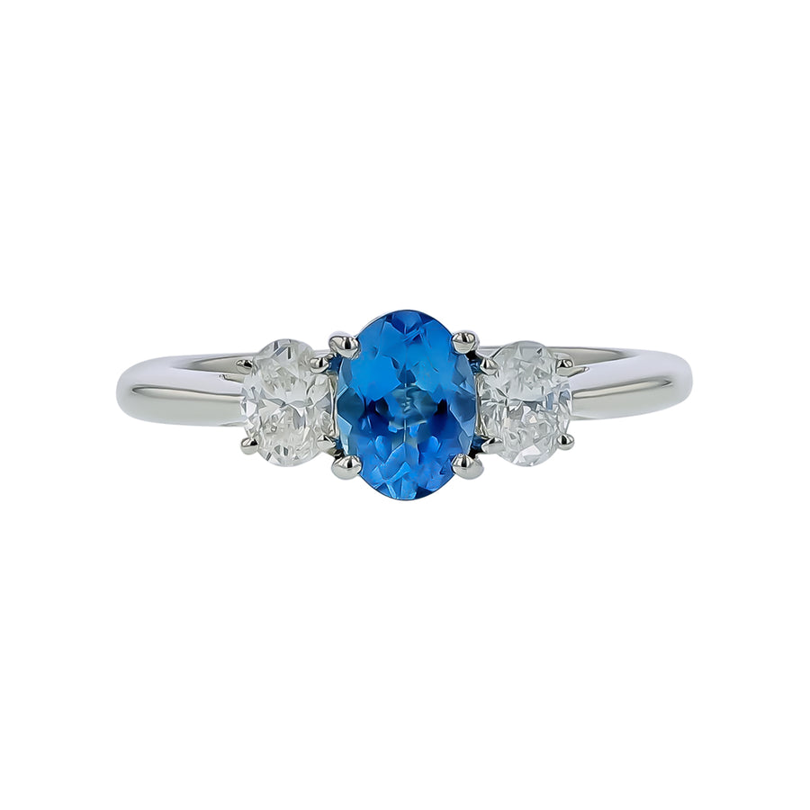 0.62ct Oval African Aquamarine and 0.46ct Oval Diamond 3 Stone Ring in Platinum, size 6