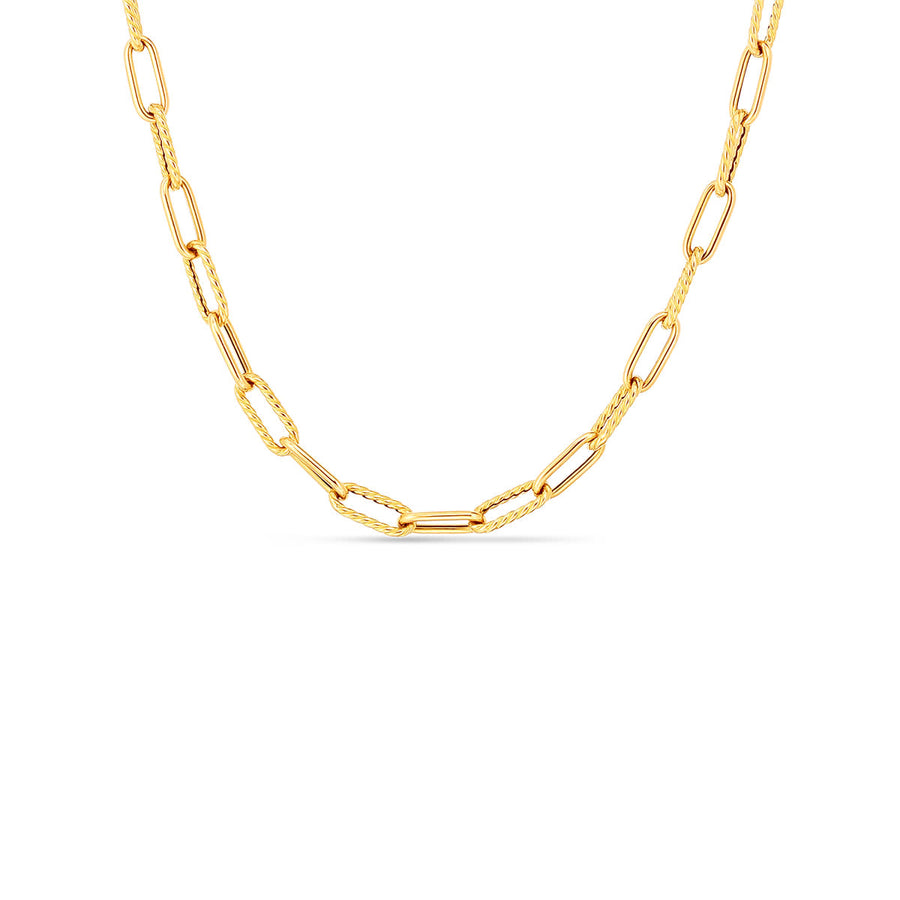 Designer Gold Alternating Shiny and Fluted Paperclip Chain in 18K Yellow Gold, 22" chain