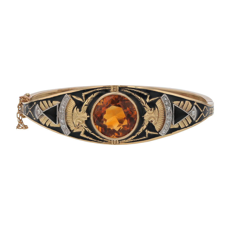 13.00ct Citrine, Enamel and 0.30ct Diamond Victorian Etruscan Revival Bangle Bracelet in 14K Yellow Gold Circa 1850s