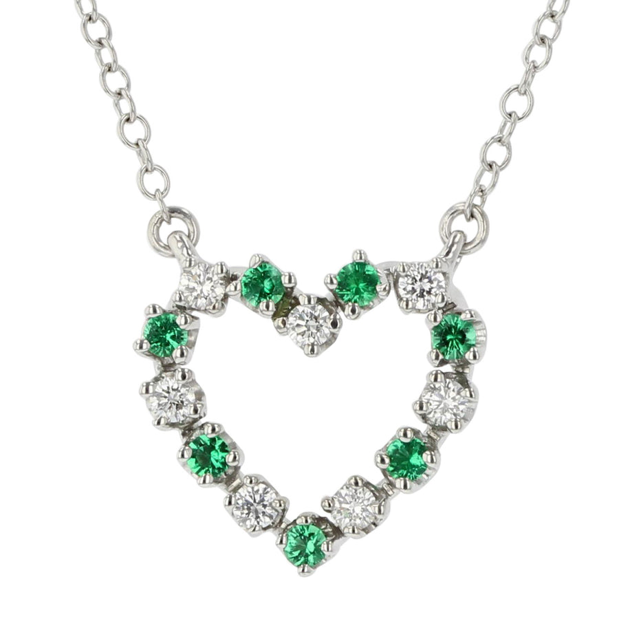 Emerald and Diamond Heart Necklace in 18K White Gold, 16in
