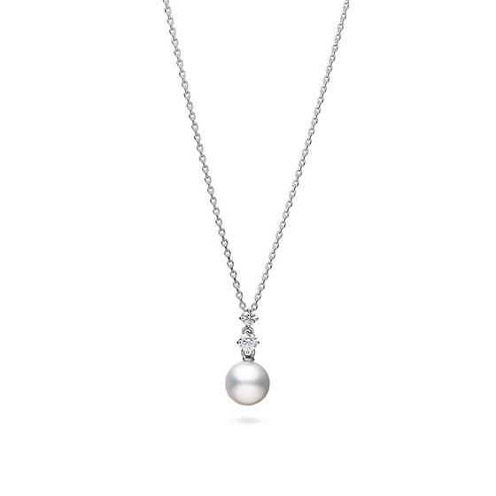 Morning Dew 6.75mm A+ Akoya Pearl and 0.10ct Diamond Pendant in 18K Yellow Gold, 16-18" chain