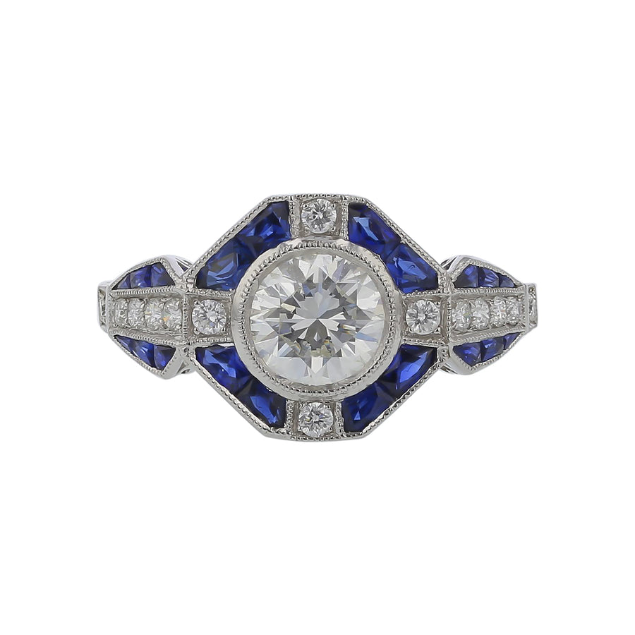 0.79ct Round Diamond 0.64ct Sapphires and 0.17ct Diamond Ring in Platinum, Size 6.25
