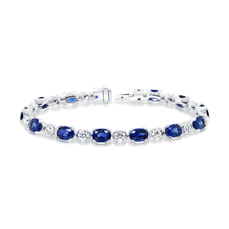 5.47ct Oval Sapphire and 1.55ct Diamond Alternating Bracelet in 18K White Gold, 7.25"