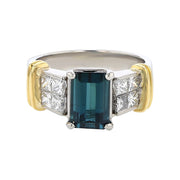 2.05ct Emerald Cut Brazilian Indicolite Tourmaline and 0.72ct Invisi-set Diamonds Ring in Platinum and 18k Yellow Gold Size 6
